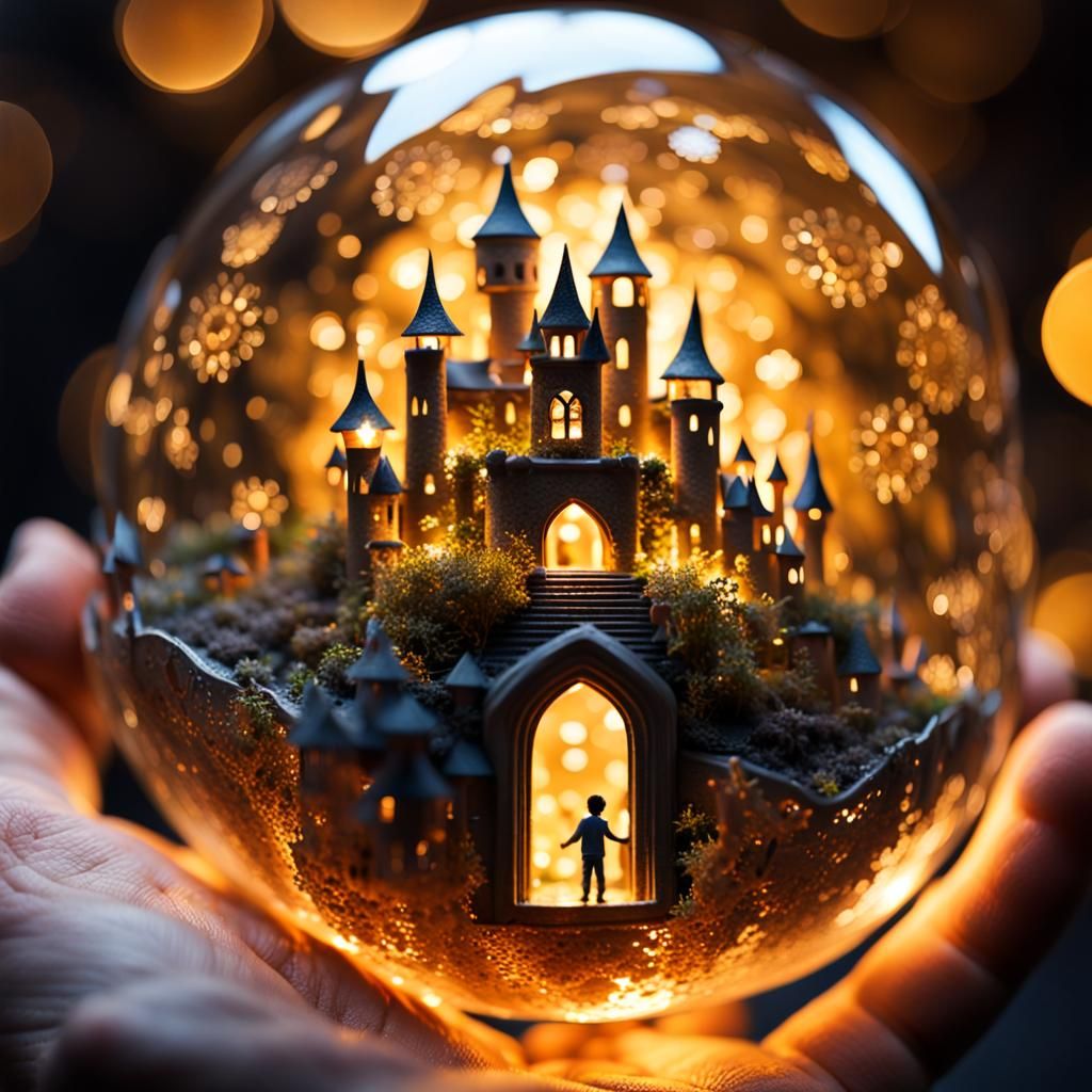 Boy Holds Glass Fairy Castle in Flower