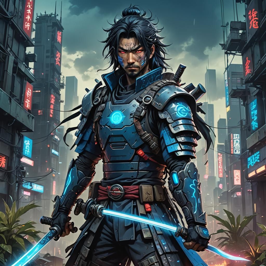 Cyberpunk Samurai with Energy Katana, Anime Style