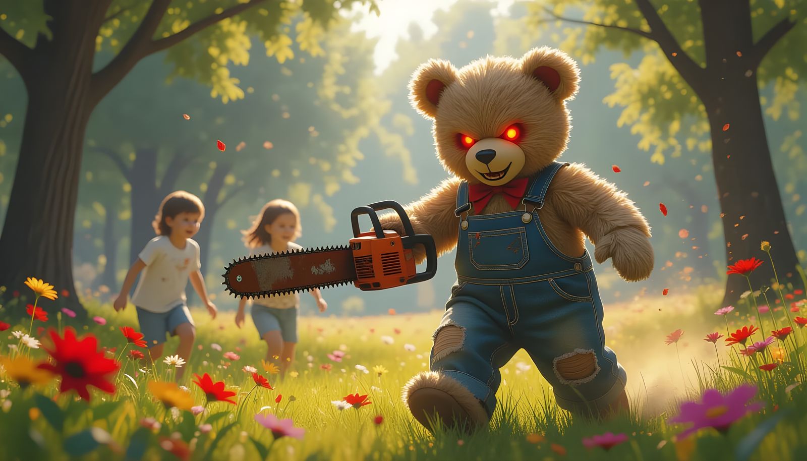 Fearsome Teddy Bear with Fiery Eyes Chases Kids