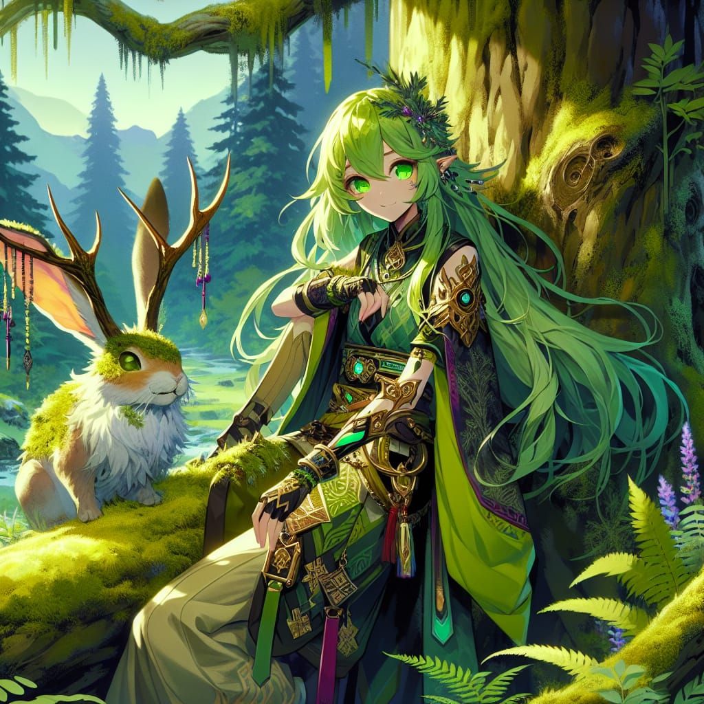 Anime Druid Girl in Vibrant Forest Concept Art