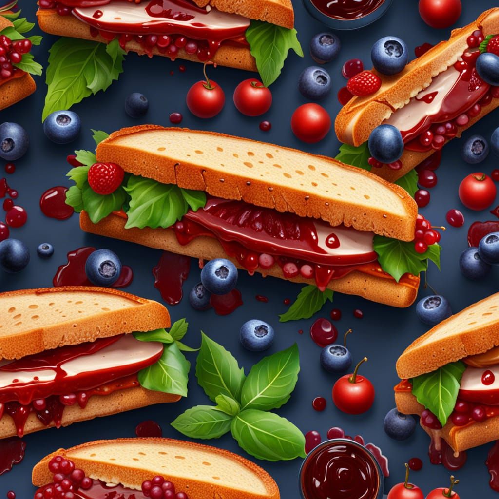 Hyperrealistic Sandwich with Blood Sauce and Blueberries