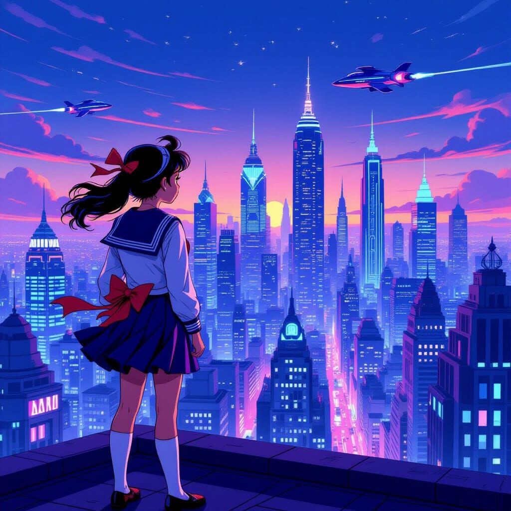 Girl in Sailor Uniform on Rooftop Overlooking Retro-Futurist...