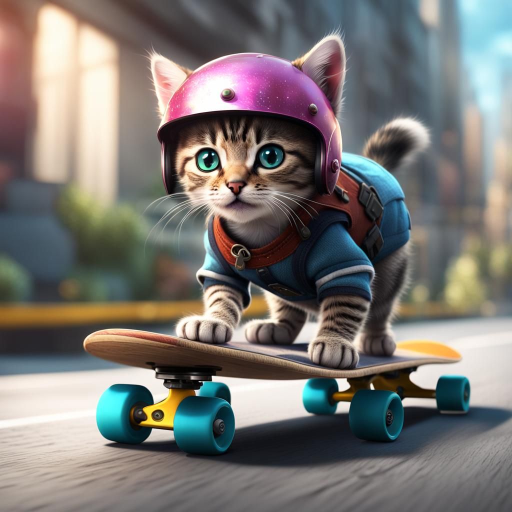 Kitten Rides Skateboard in Detailed Matte Painting