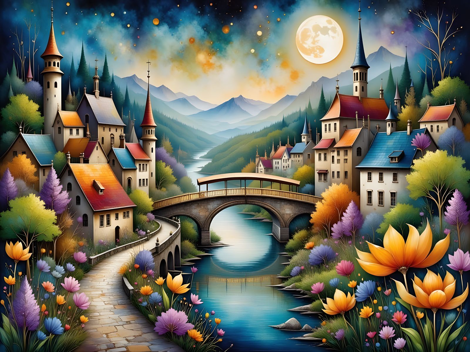 Abstract City on River with Crescent Moon