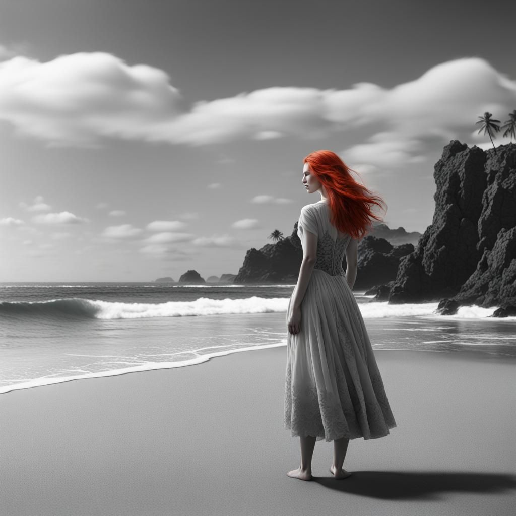Redhead on Black and White Beach, Matte Painting