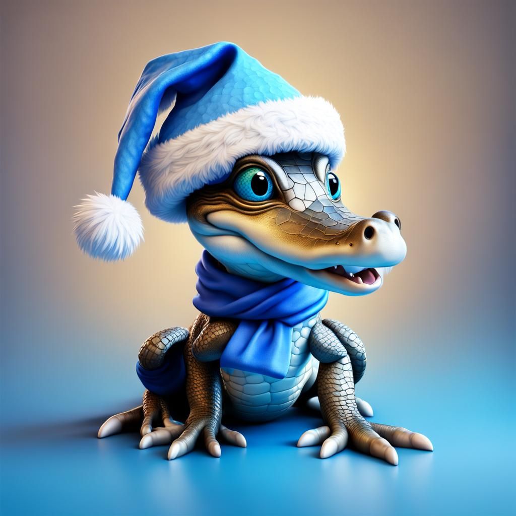 Adorable 3D Alligator in Santa Hat