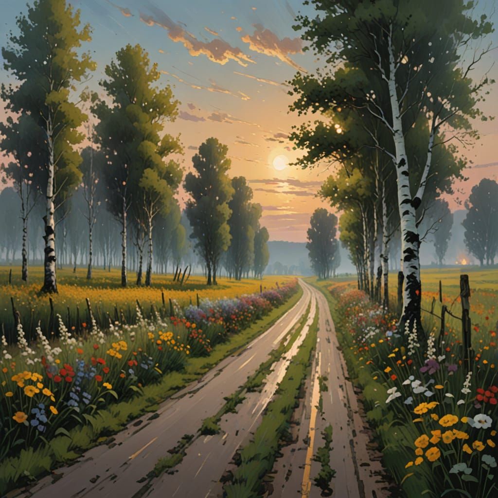 Eerie Road Through Fields at Twilight