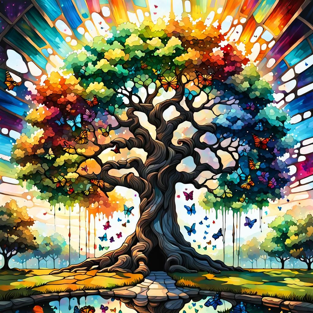 Stained Glass Tree with Butterflies in Graffiti Art