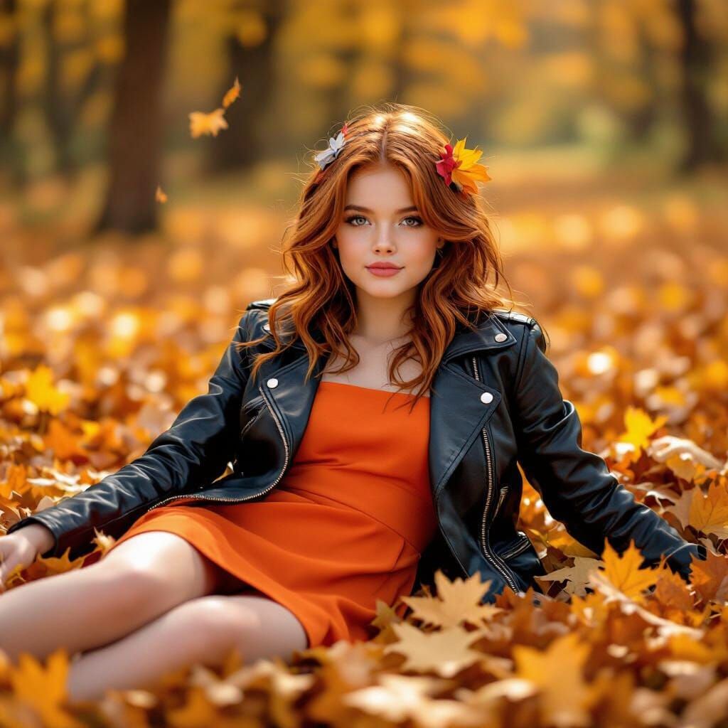 Girl in Autumn Leaves with Bokeh Effect