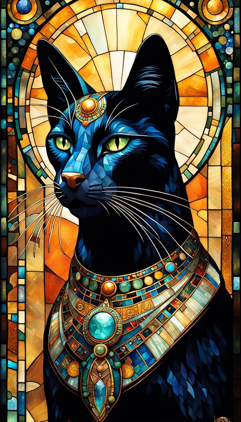 Stained Glass Bastet Mosaic: Fantasy Concept Art