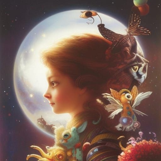 "Cute girl with big eyes, hyperdetailed, surreal, fun, by A....