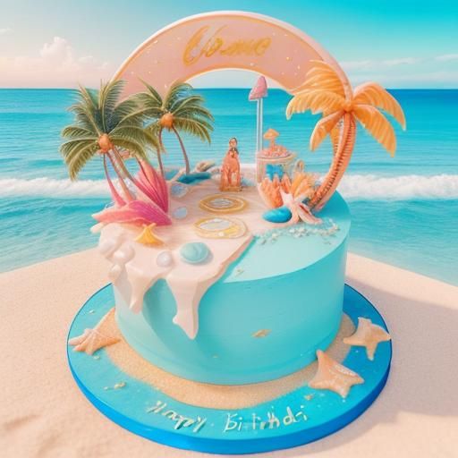 Ocean Birthday Cake with Seafood in Synthwave Style