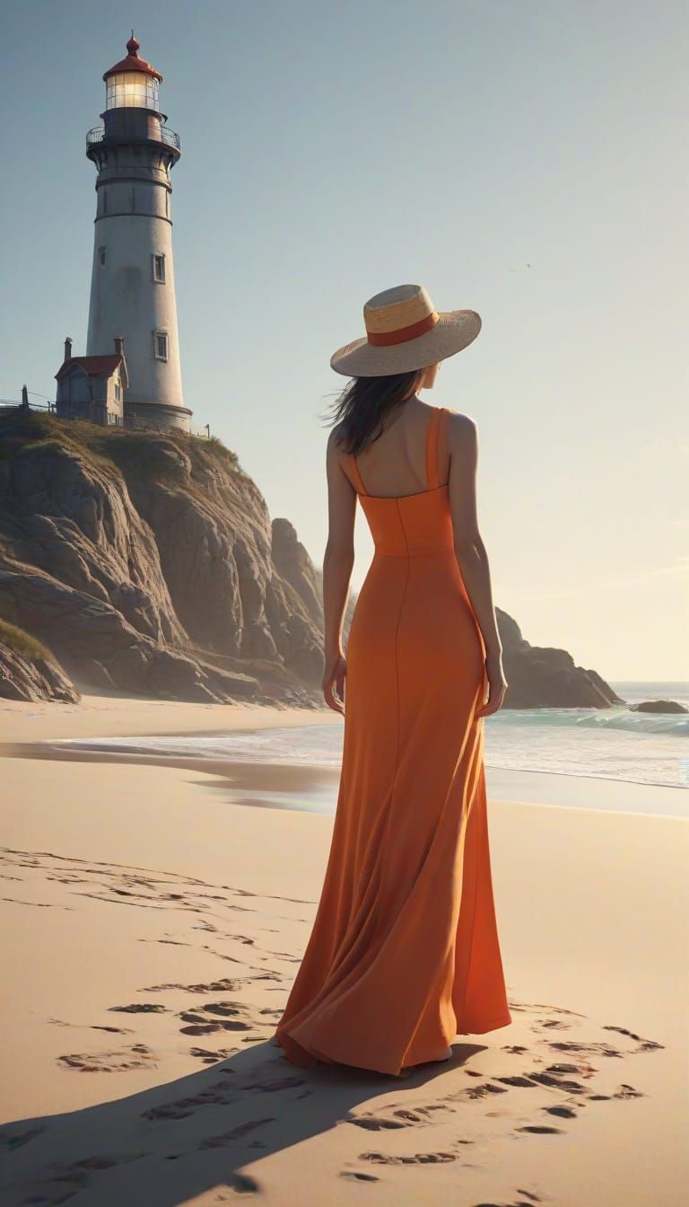 Whimsical Gouache Painting of Woman in Orange Dress Gazing a...