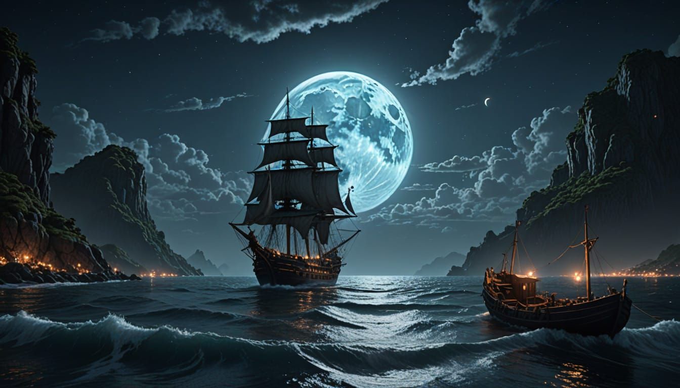 Moonlit Oceanic Dreamscape in 19th Century Fantasy Art