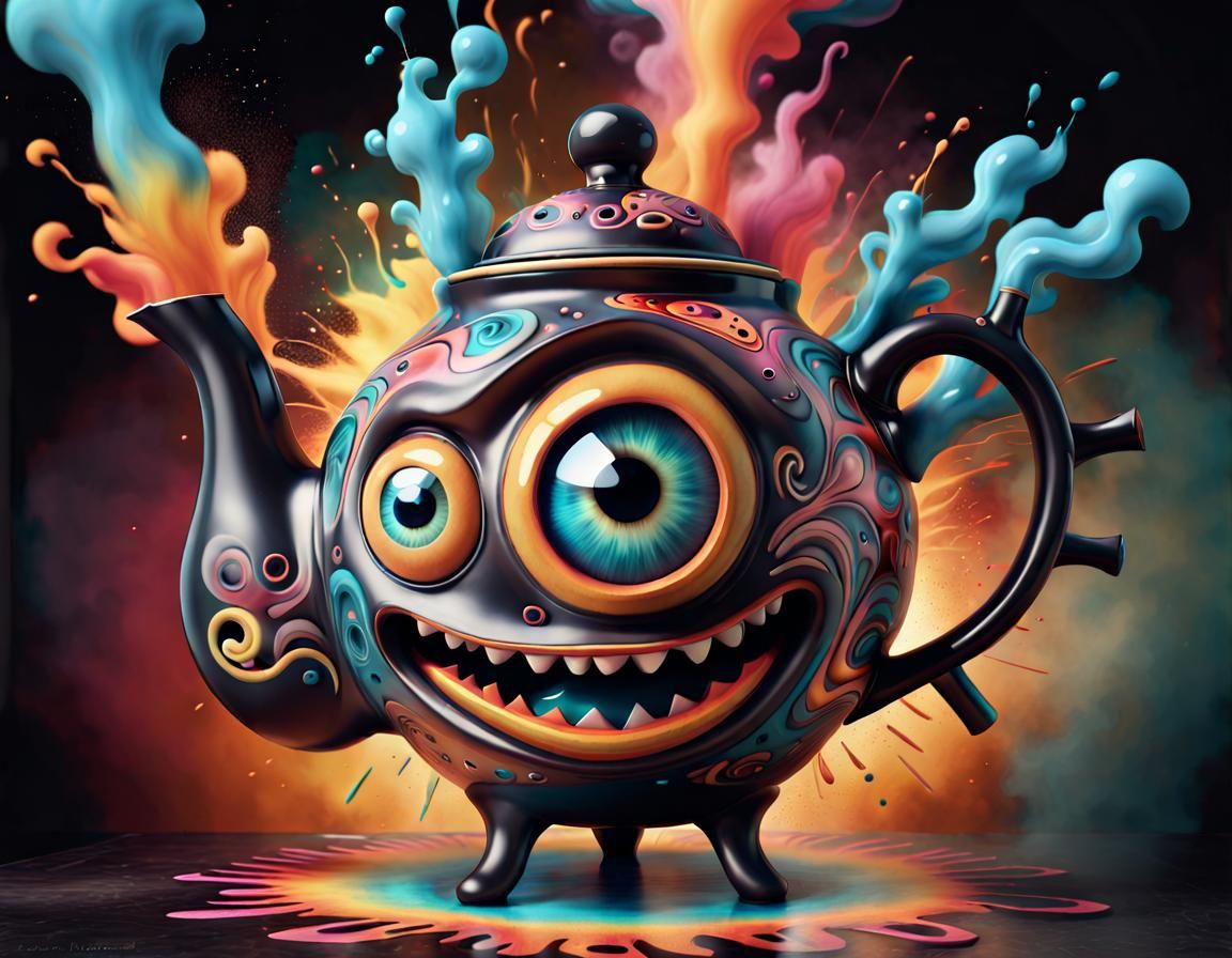 Dancing Surreal Teapot in Craft Tattoo Style