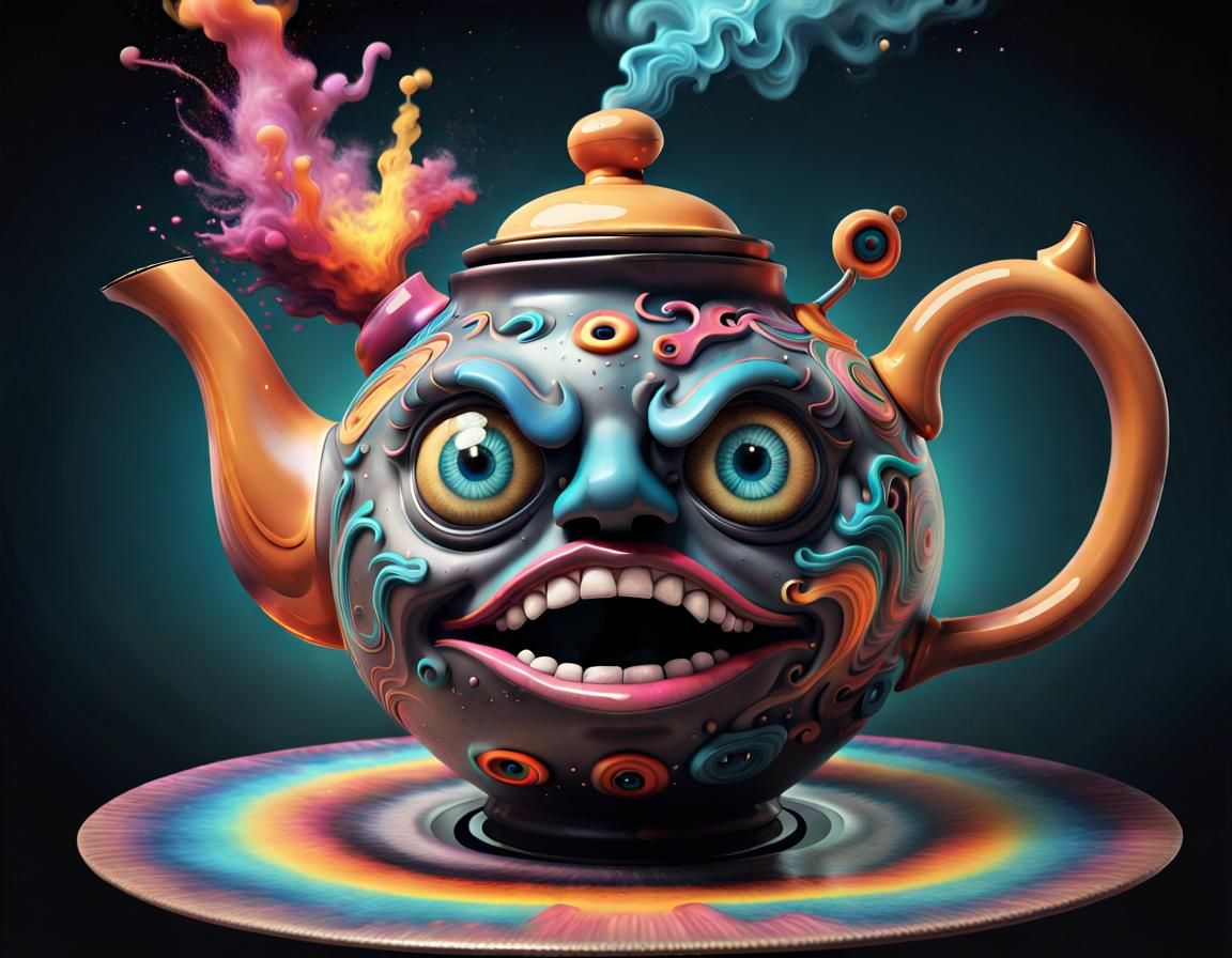 Dancing Surreal Teapot in Craft Tattoo Style