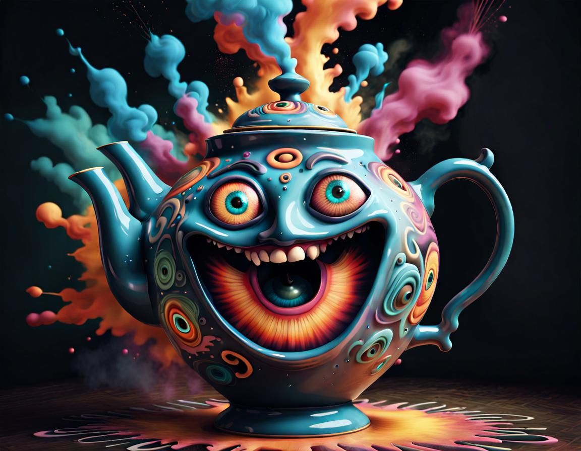 Dancing Surreal Teapot in Craft Tattoo Art Style