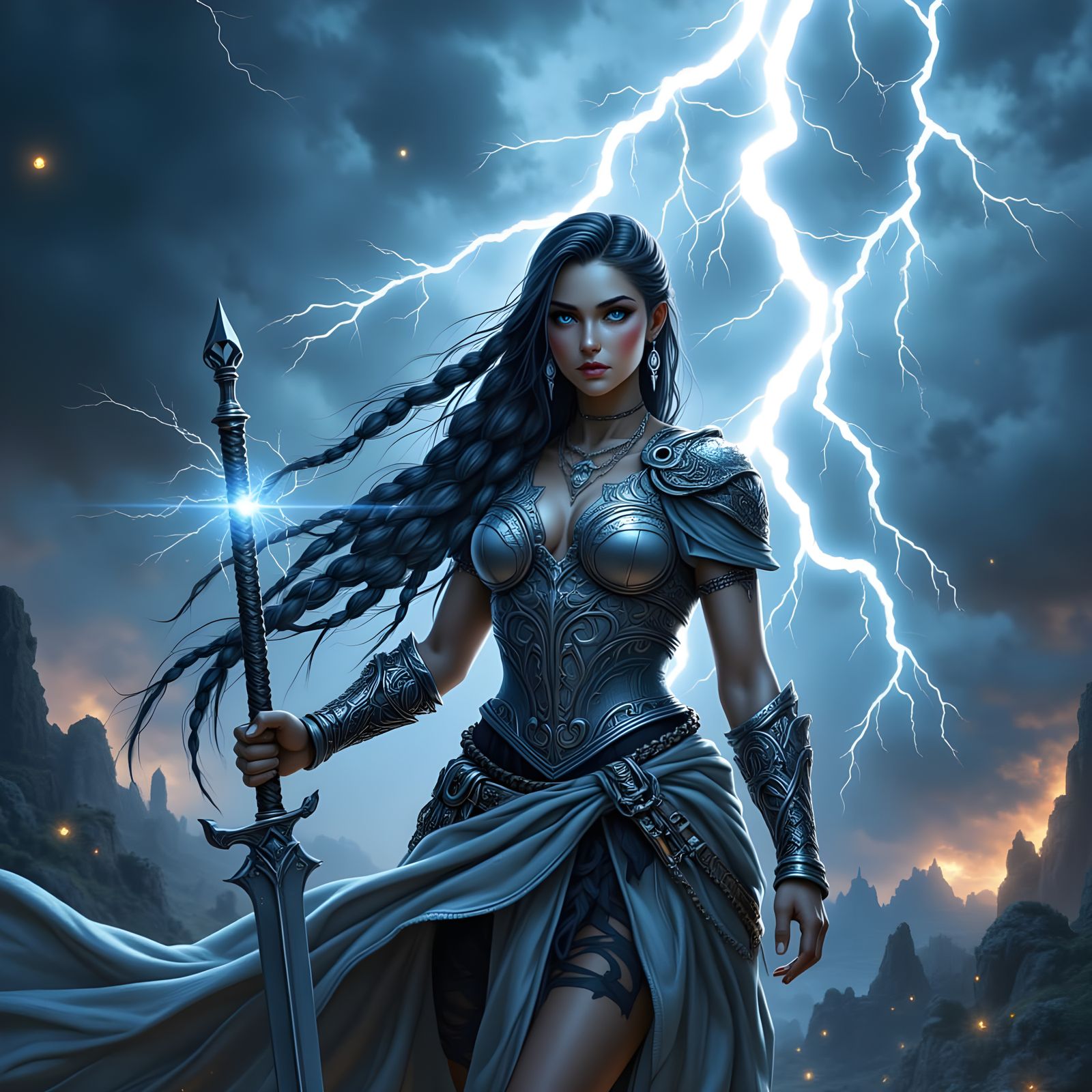 Fierce Warrior Woman in Lightning Storm
