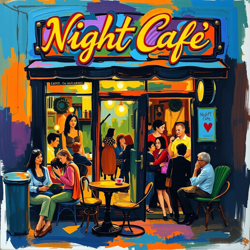 Vibrant Night Cafe Scene in Dynamic Brushstrokes