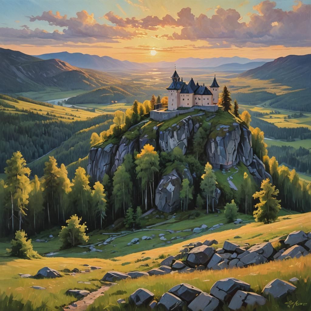 Finnish Castle at Sunset: An Oil Painting