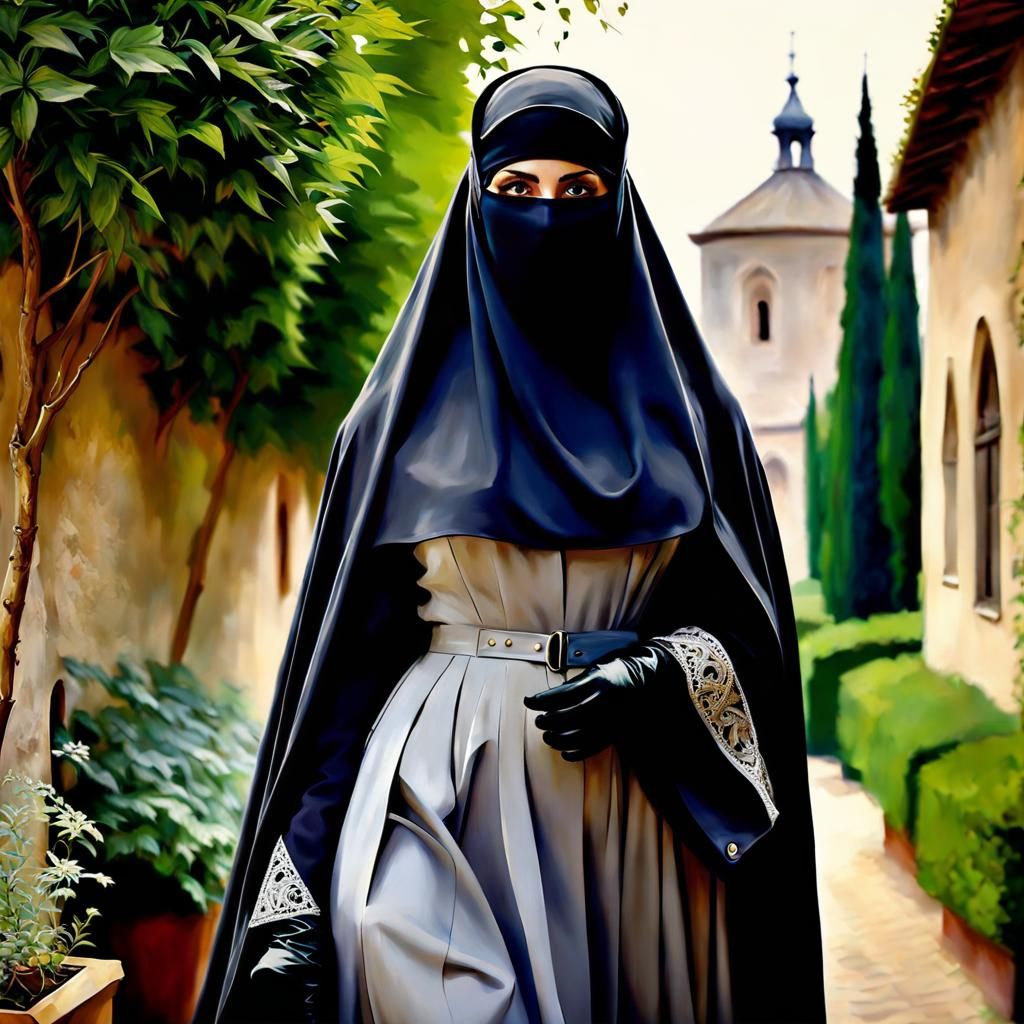 Niqabi Woman in Cozy City Garden: Gouache Style