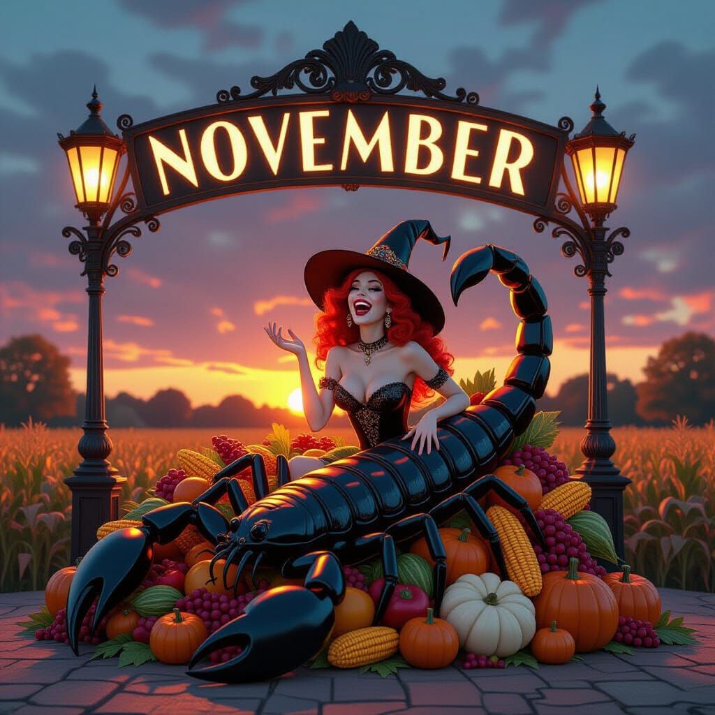 Art Deco November Sign with Scorpion and Harvest