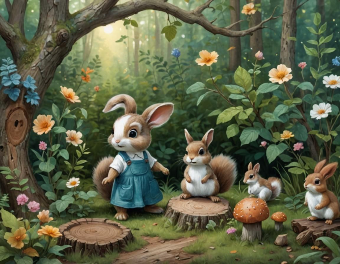 Whimsical Forest Scene: Bunny and Squirrel Illustration