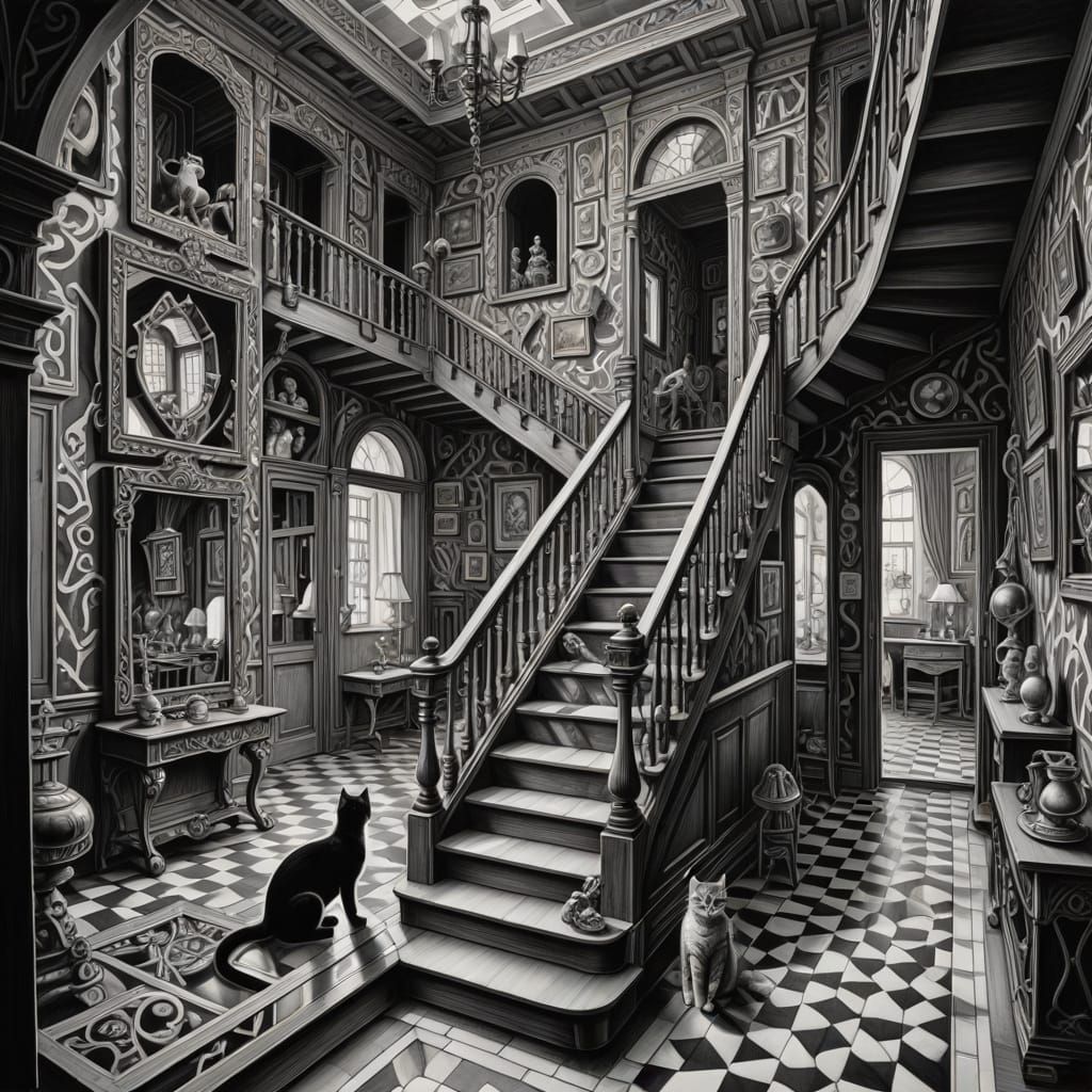 Surrealist Cat Confronts Endless Reflections in Escher-Inspi...