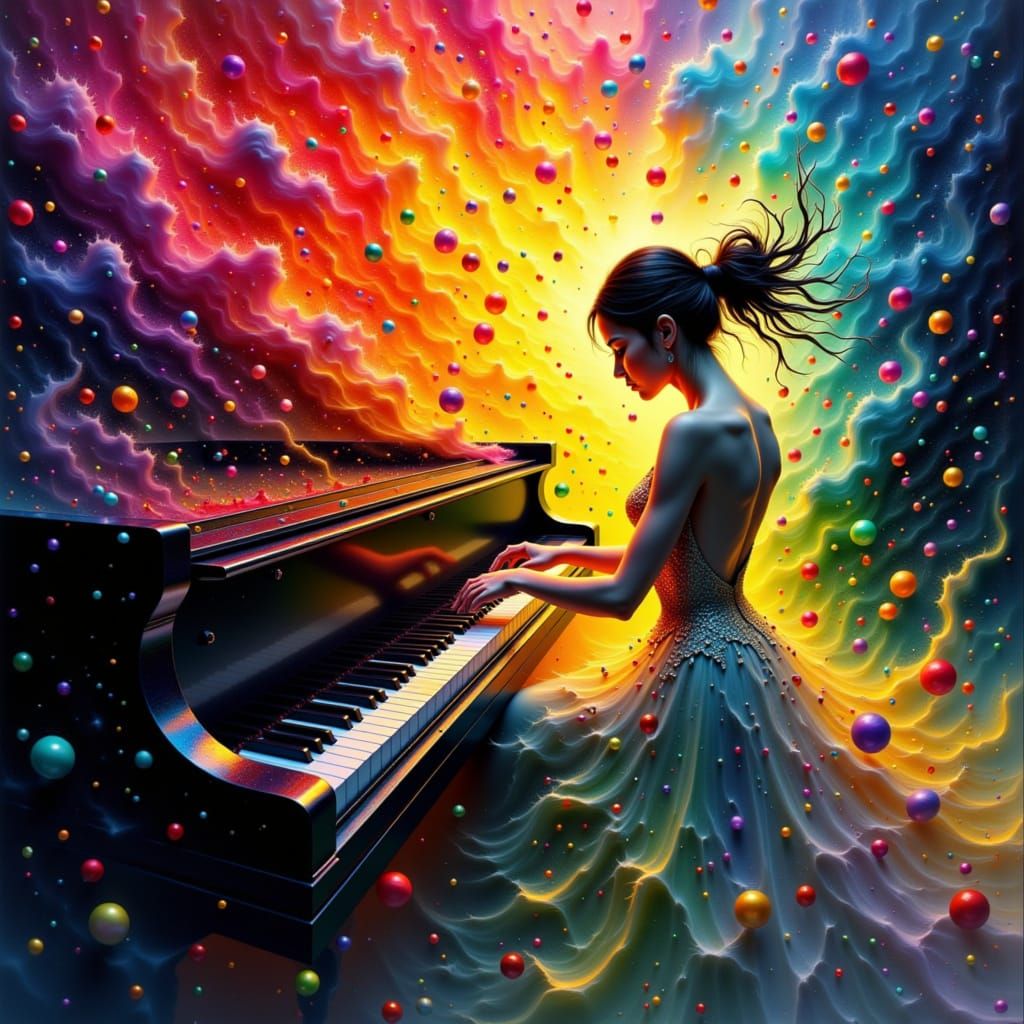 Pianist's Hands Create Colorful Music in Surreal Style