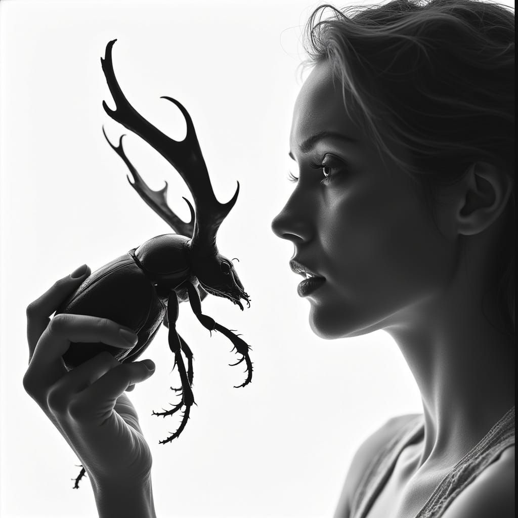 Woman in Profile with Giant Stag Beetle, Black and White