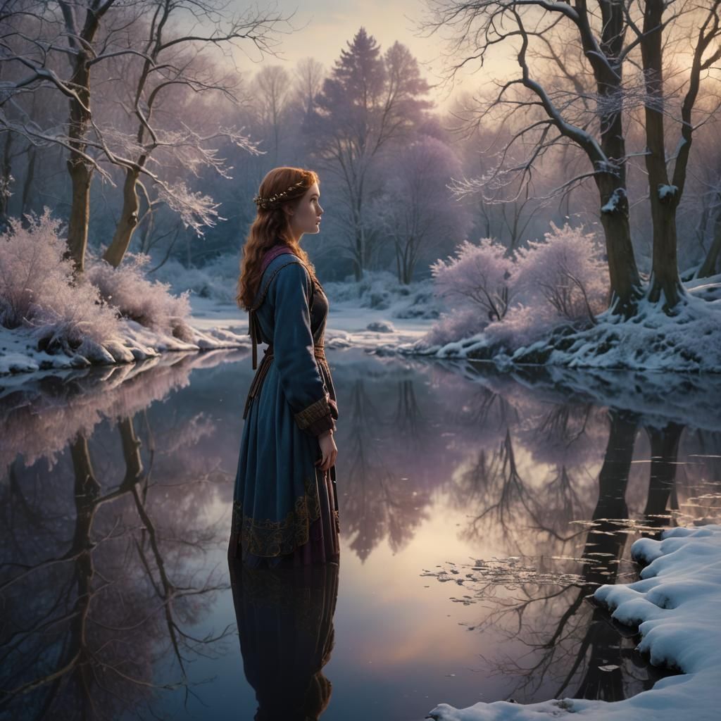 Woman Reflecting in Snowy Pond, Pre-Raphaelite Painting