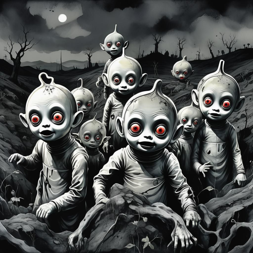 Evil Teletubbies in Junji Ito Horror Manga Style