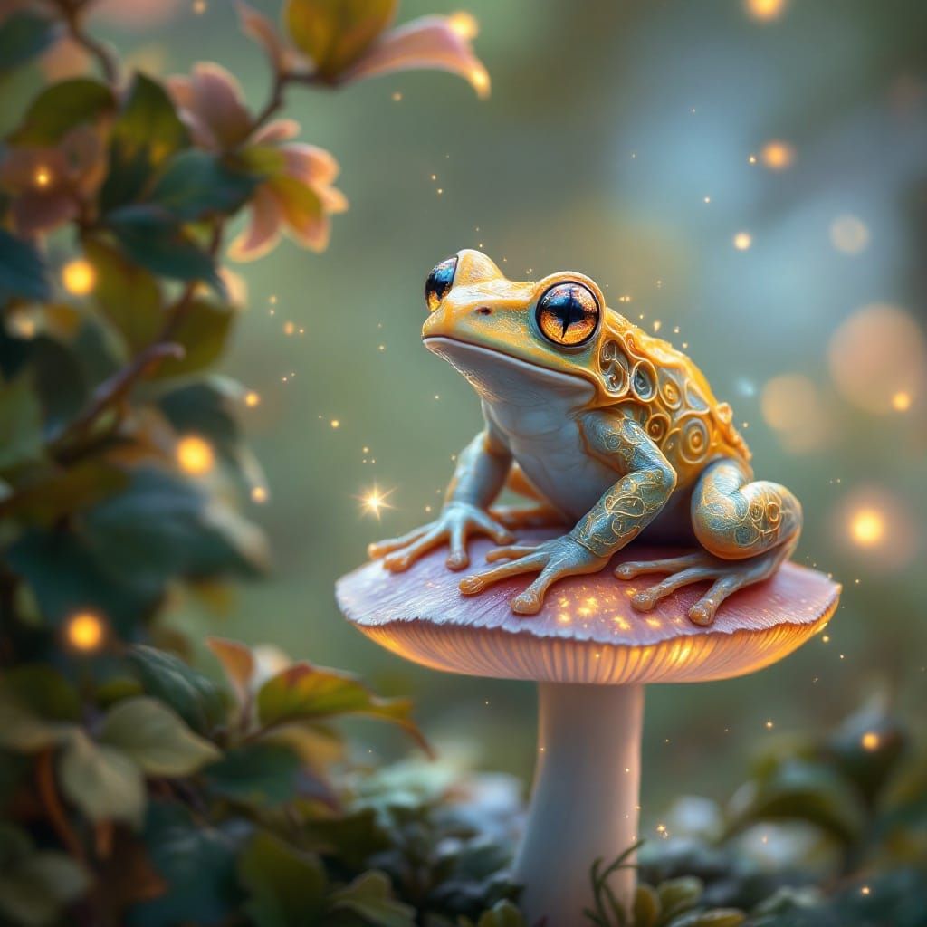 Whimsical Fractal Frog in Ethereal Landscape