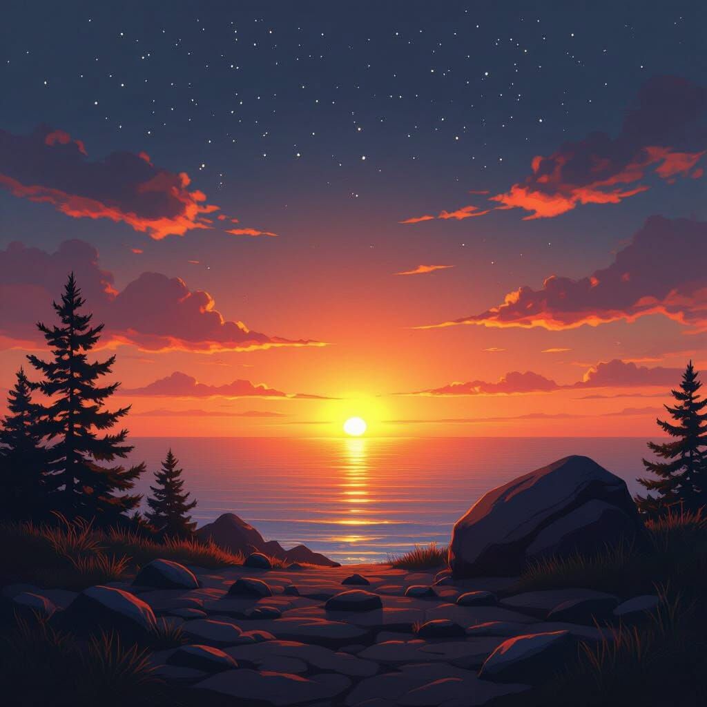 Coastal Sunset Digital Painting with Golden Hues