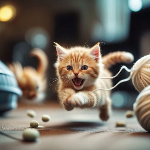 Cute Kittens Playfully Chase Wool Ball