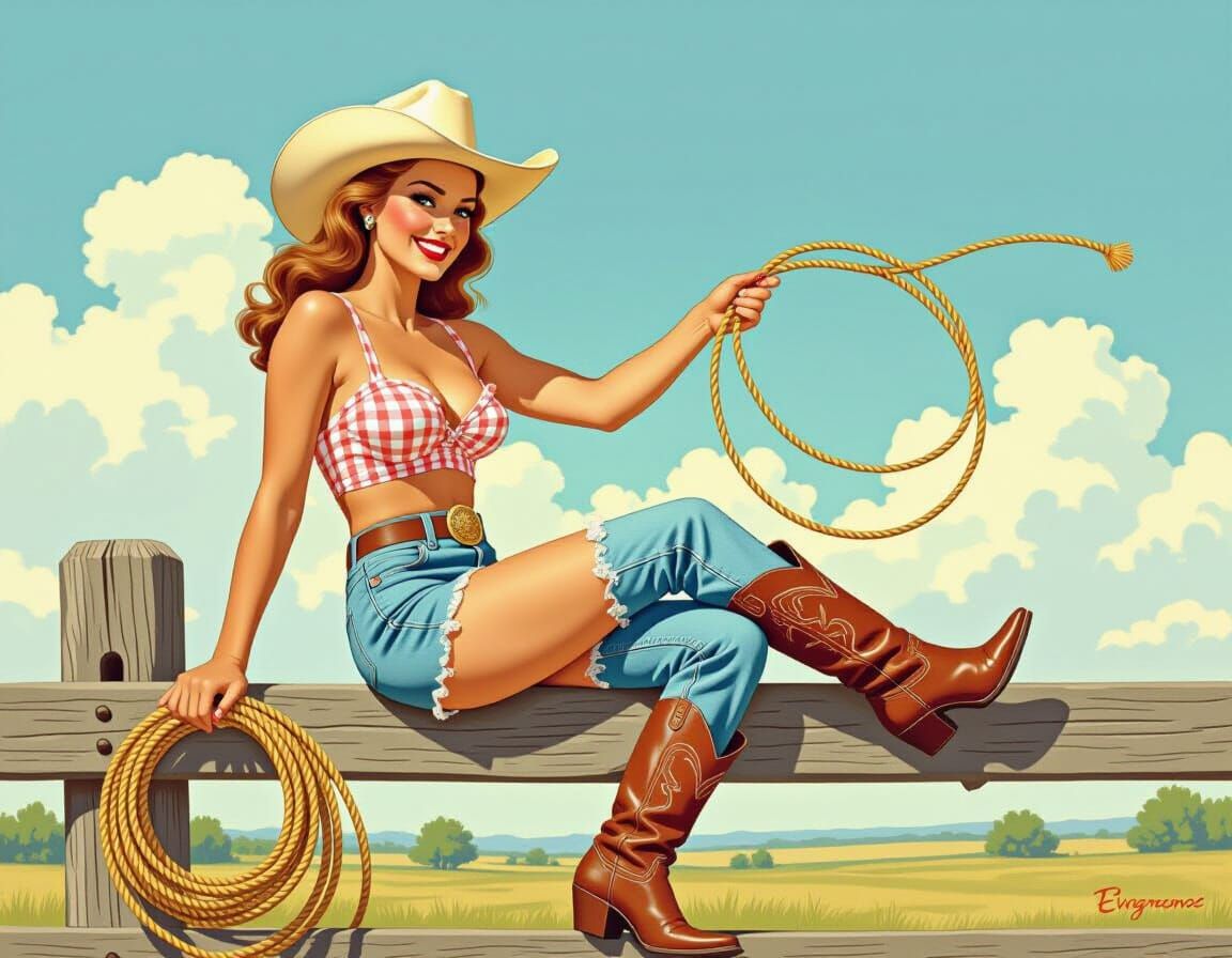 Pinup Cowgirl on Fence with Lasso in Elvgren Style