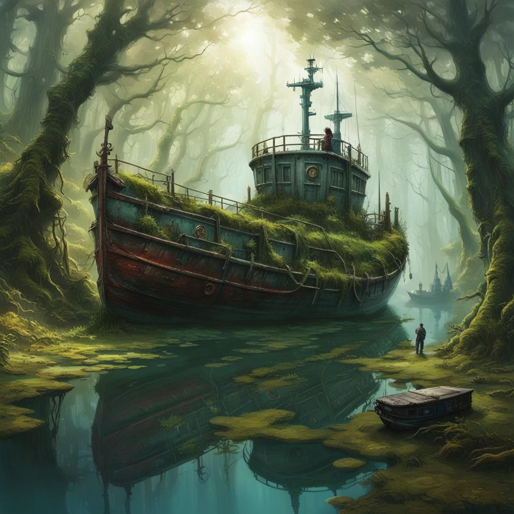 Steampunk Boat in Mossy Forest: Matte Painting