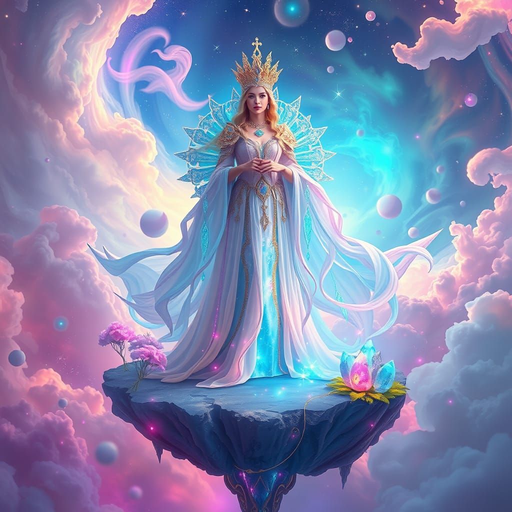 Bioluminescent Queen on Floating Island in Pastel Nebula