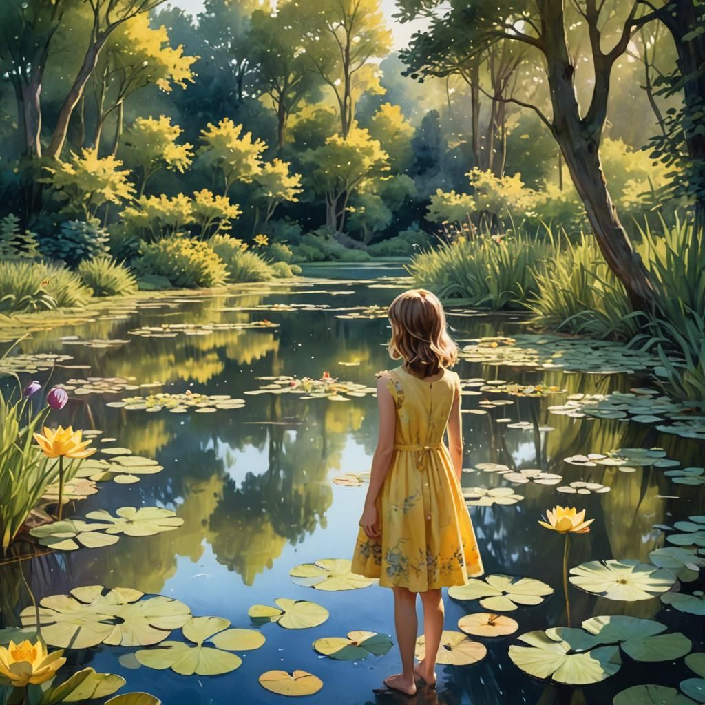 Girl Watching Pond in Dreamy Watercolor Summer Landscape