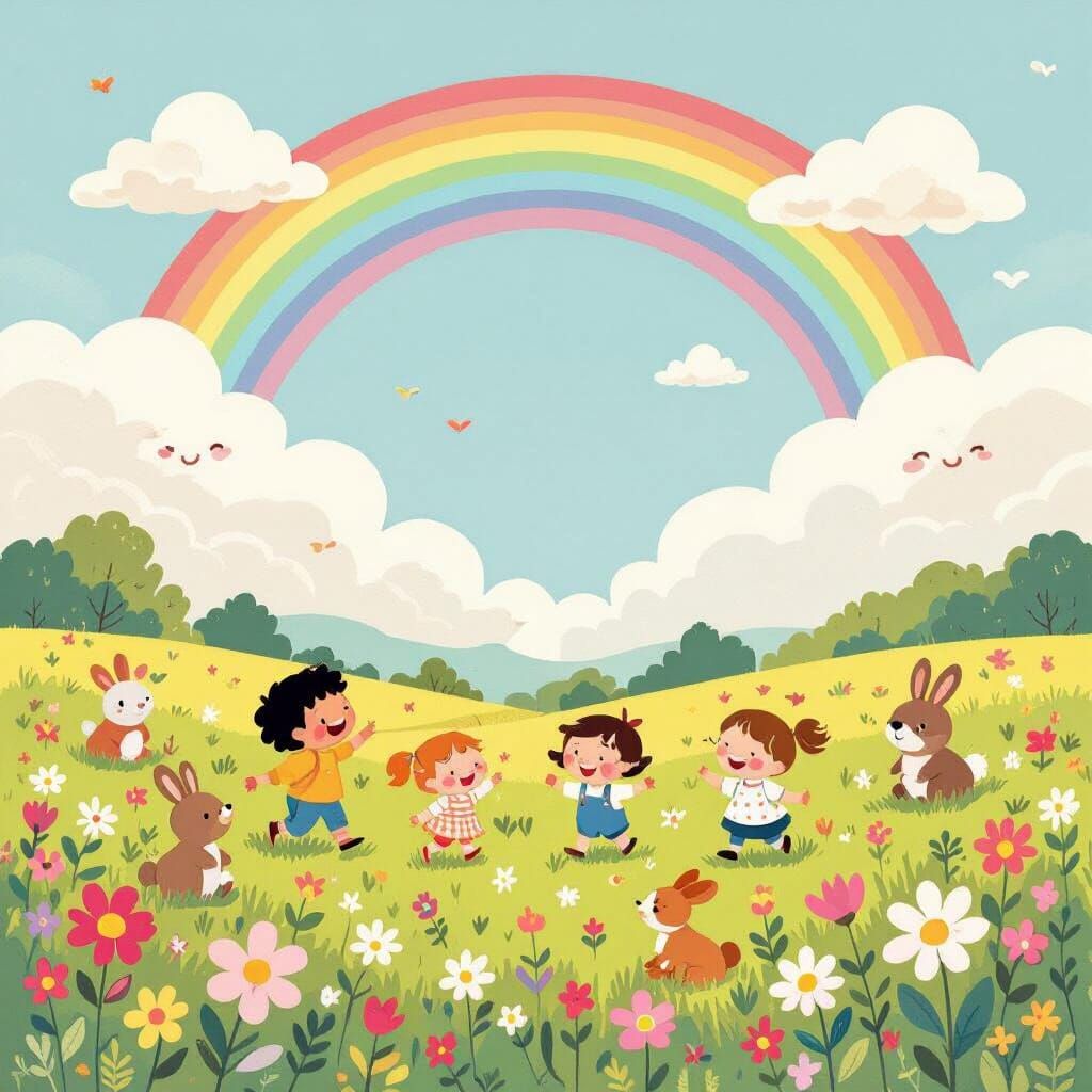 Kids Play with Animals in Rainbow Meadow, Cartoon Style