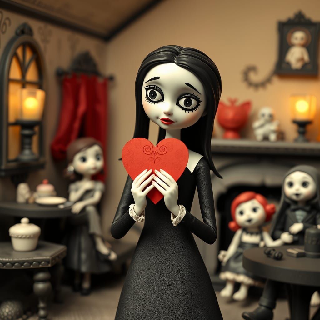 Wednesday Addams with Valentine Card in Tim Burton Style