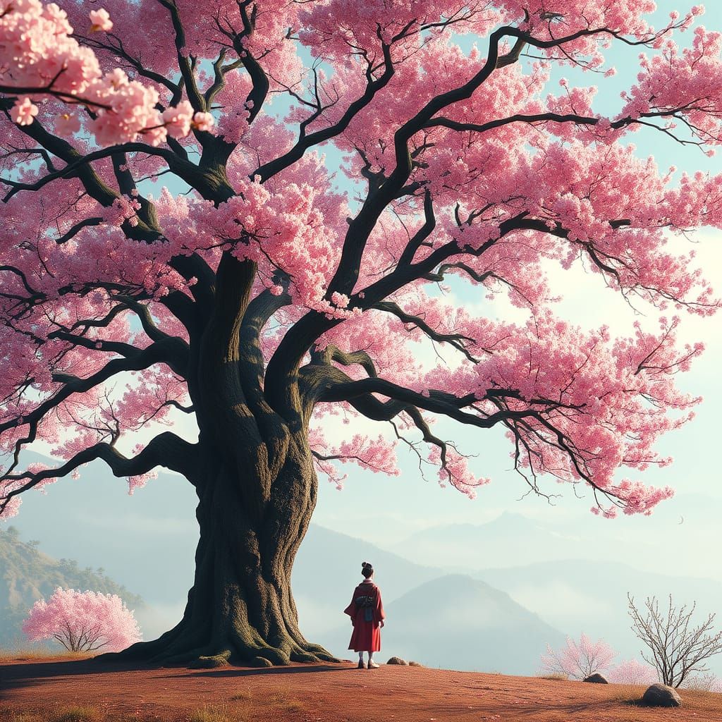 A Serene Japanese Figure Amidst Vibrant Cherry Blossoms in A...