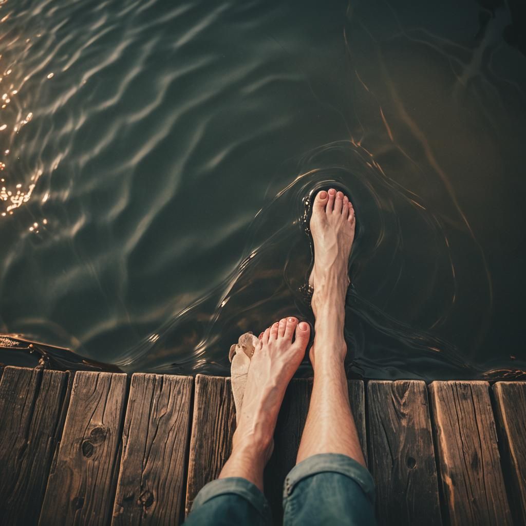 Bare Feet Dangling Over Lake at Sunset