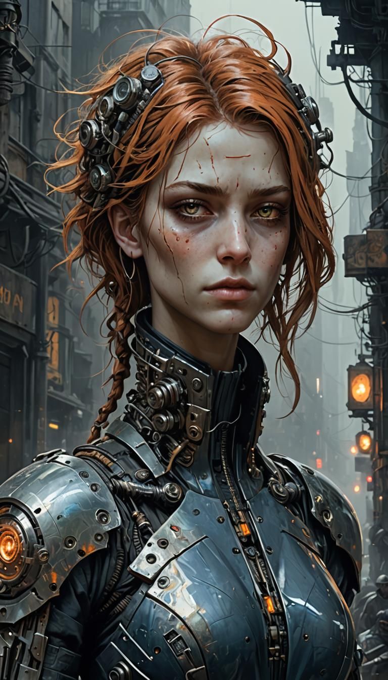 Cyberpunk Cyborg with Auburn Hair in Biopunk Style