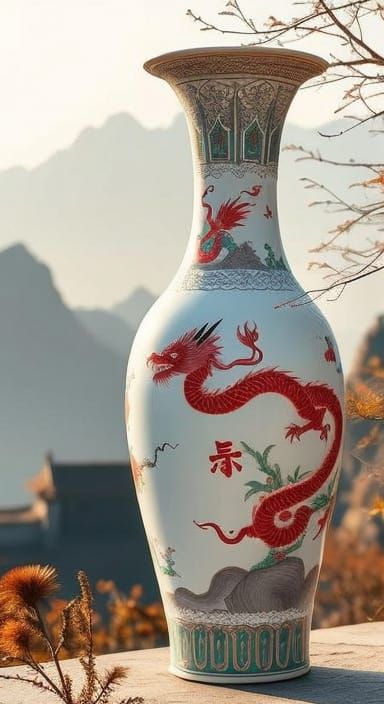 Purple Dragon Vase on Misty Mountain Ledge