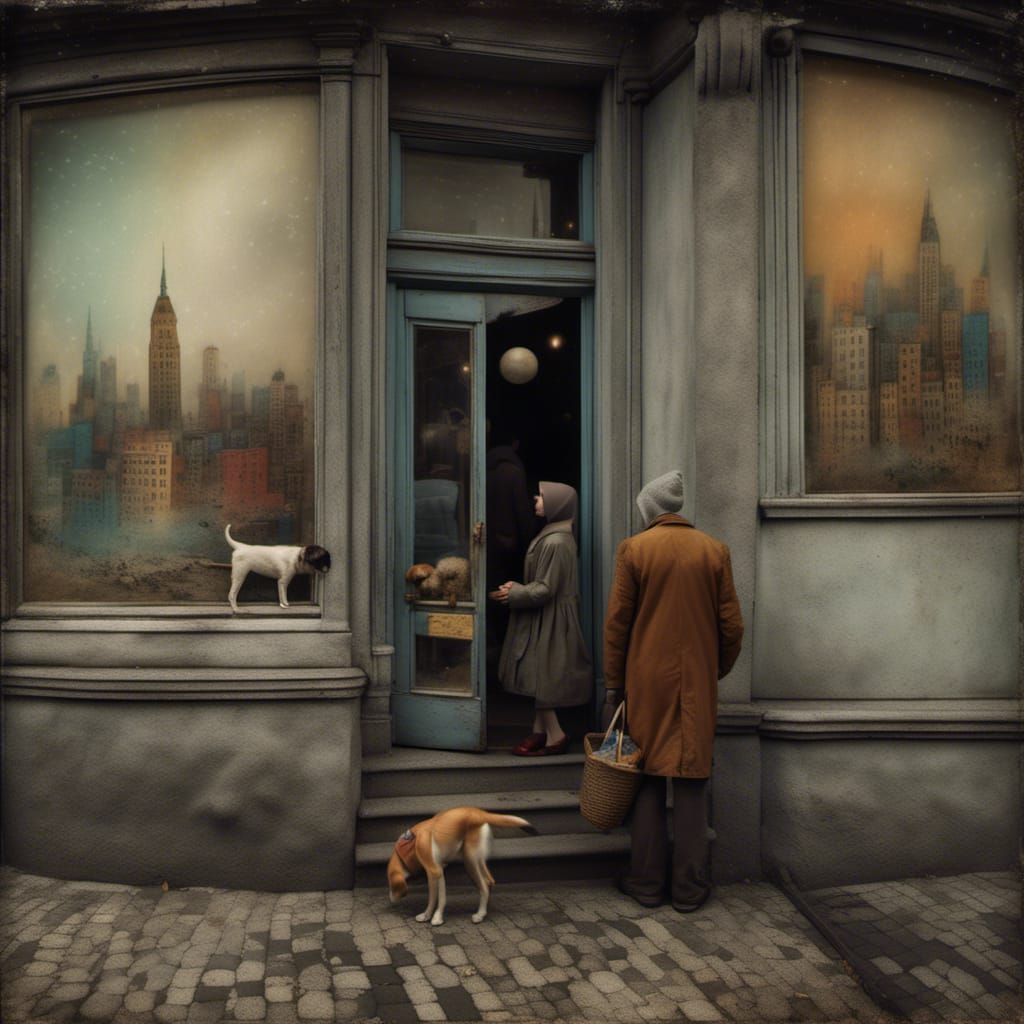 Polychromatic Abstract Cityscape with Alien Pets