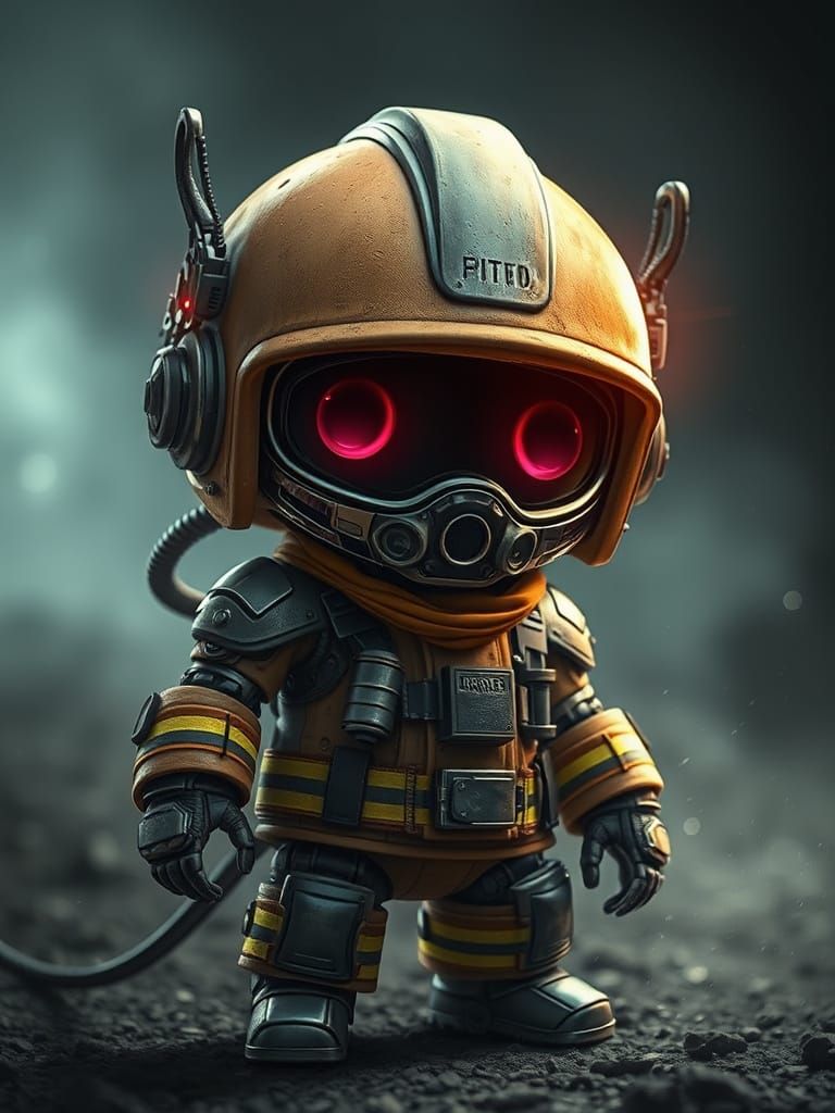 Chibi Robot Firefighter in Dark Fantasy Style