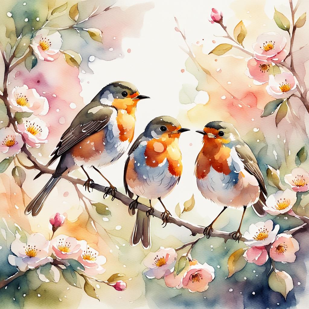 Charming Watercolor Robins on Blooming Branch