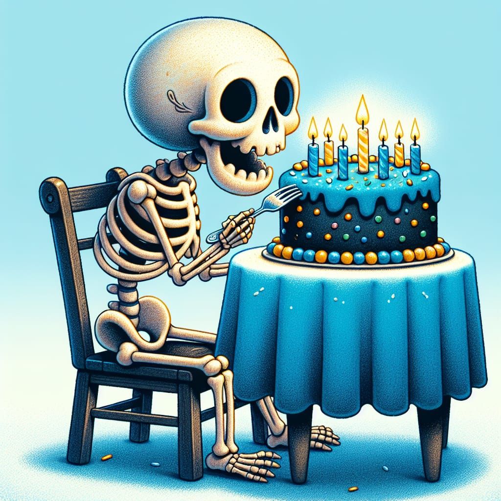 Charming Skeleton Celebrates Birthday with Cake