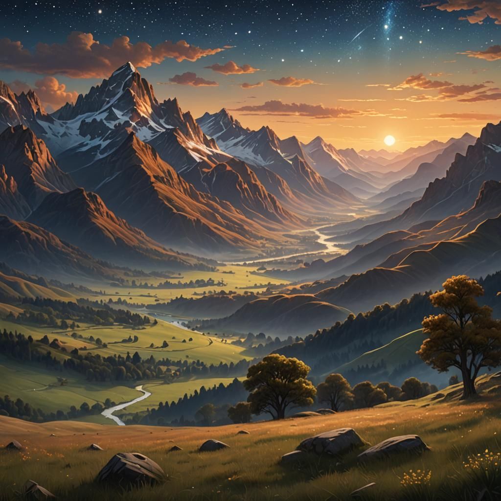 Serene Valley Under Starry Sky: Digital Art